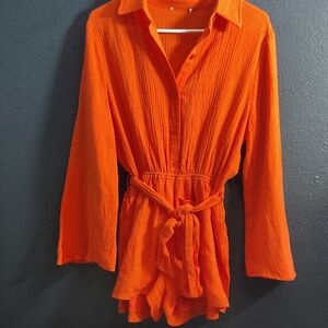 Bright Orange Button-Front Tie-Waist Gauze Romper